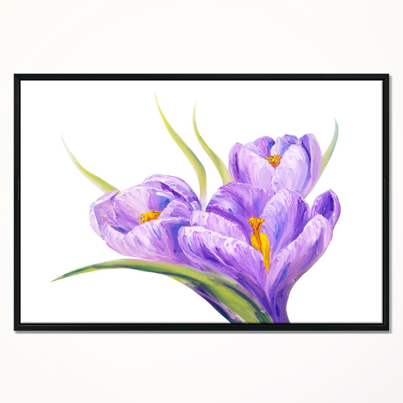 East Urban Home Crocuses In White Background Framed Oil Painting Print On Wrapped Canvas Wayfair
