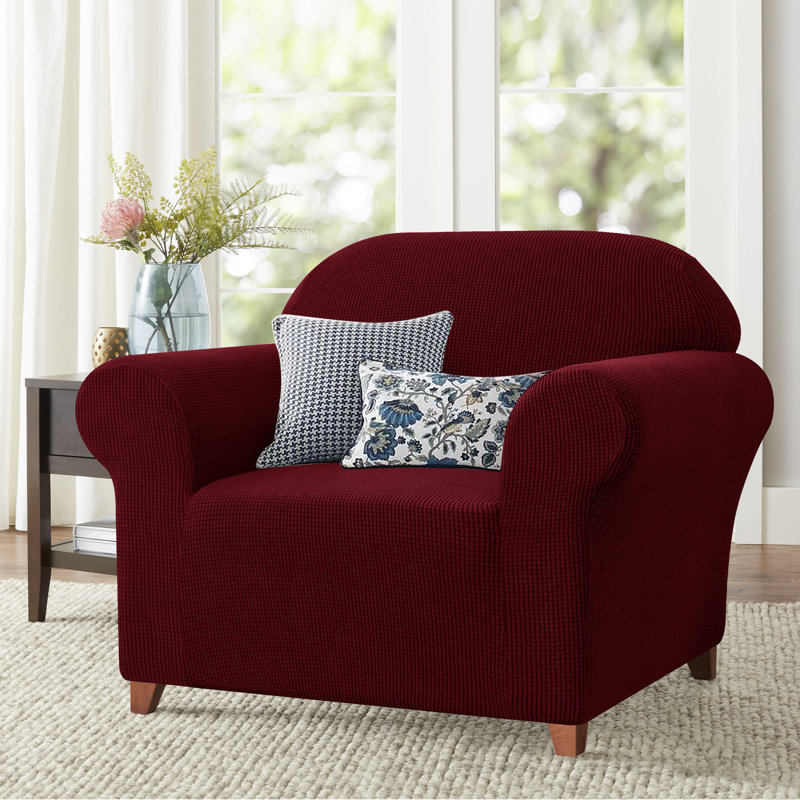 Jacquard Textured Grid High Stretch One Piece Box Cushion Armchair Slipcover Fabric Type: Polyester Blend Wine