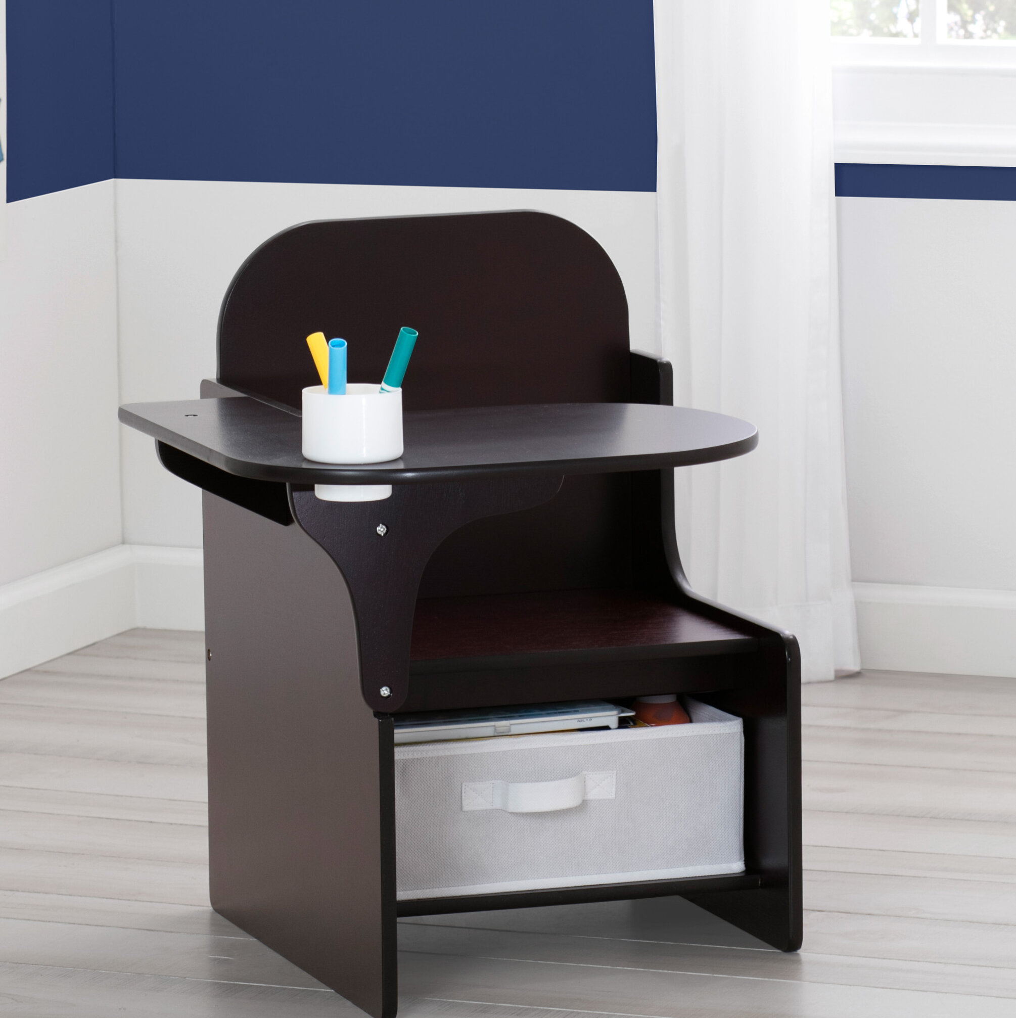 desk and chair with storage bin