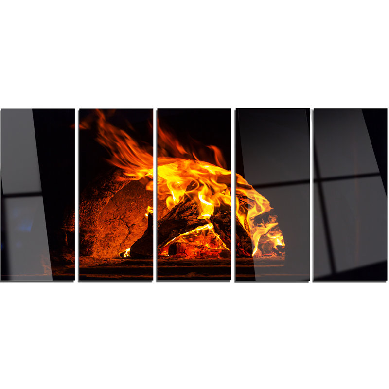 Designart Wood Stove With Fire And Blaze 5 Piece Graphic Art On Metal Set Wayfair