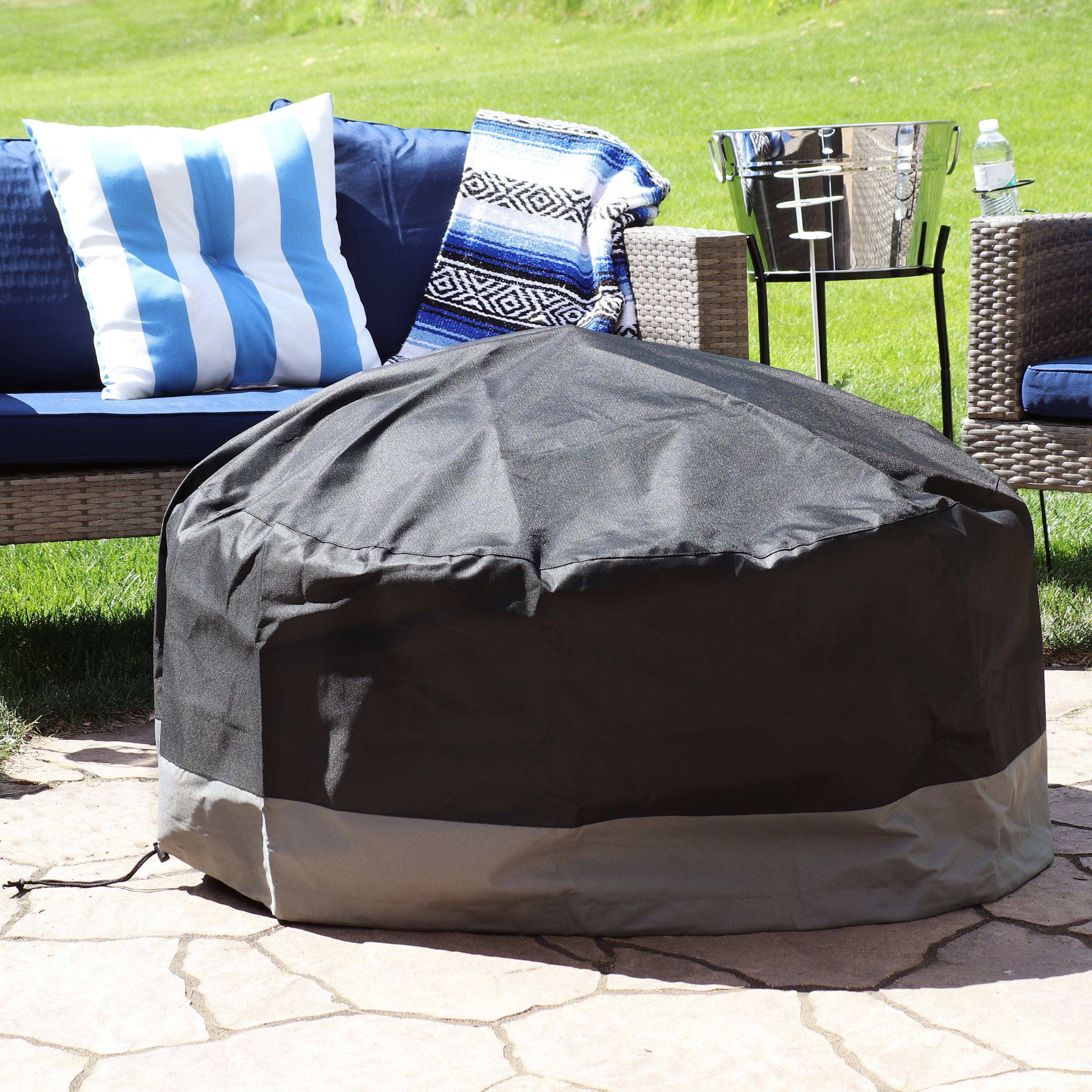 Black Patio Round Fire Pit Cover Waterproof UV Protector Grill BBQ Cover Outdoor 