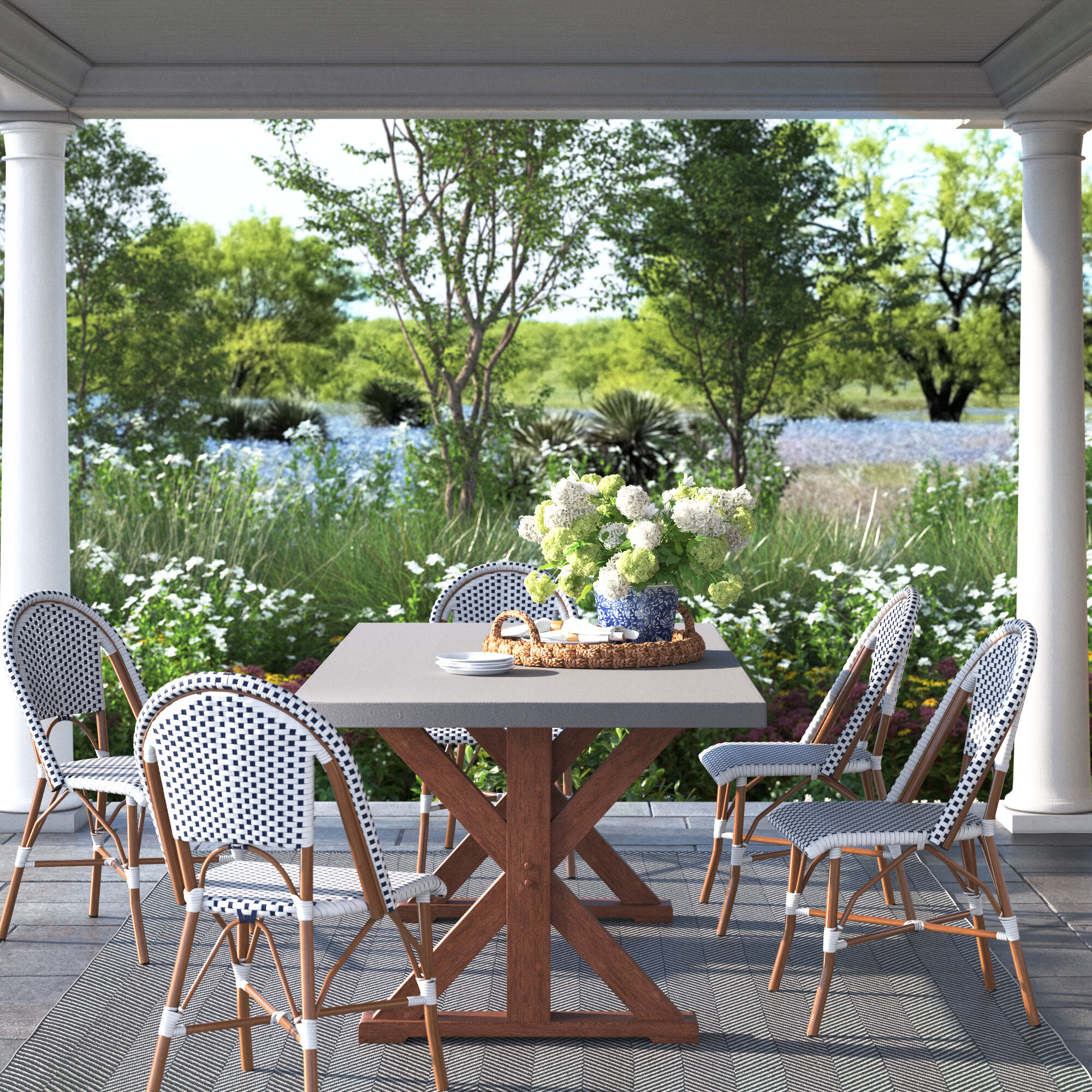 Acacia Wood Outdoor Dining Table With Umbrella Hole / Rattan Chairs