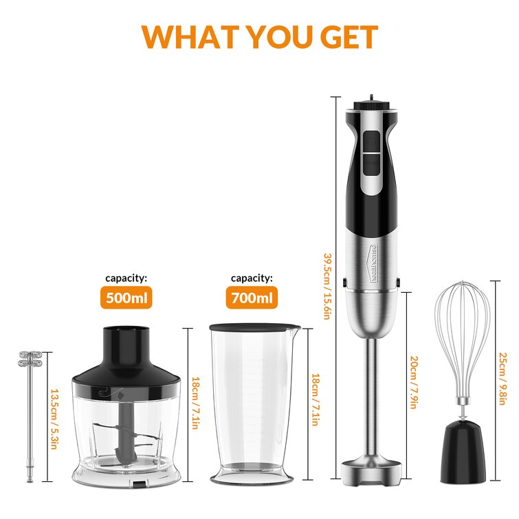 Turbo for Finer Results Milk Frother Attachments 500 Watt 6-Speed Immersion Multi-Purpose Hand Blender Heavy Duty Copper Motor Brushed 304 Stainless Steel With Whisk Black. HOUCAE Hand Blender 4-in-1 Gift Set 