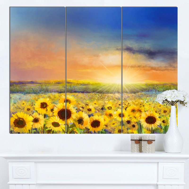 Designart Sunset Over Golden Sunflower Field 3 Piece Painting