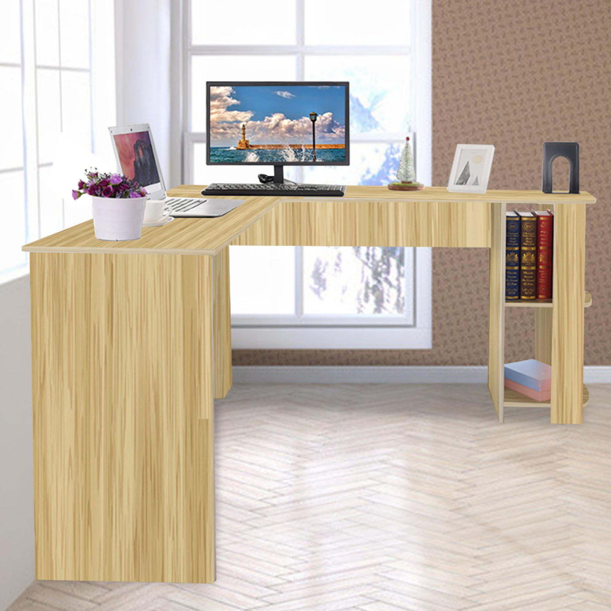 67 Workstation LShaped Corner Desk, PC Laptop Table Wooden With Shelves Home Office Return Desk