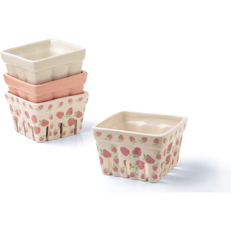 Set of 2 Assorted Colors 4 Ceramic Market Fruit Berry Basket Bowls