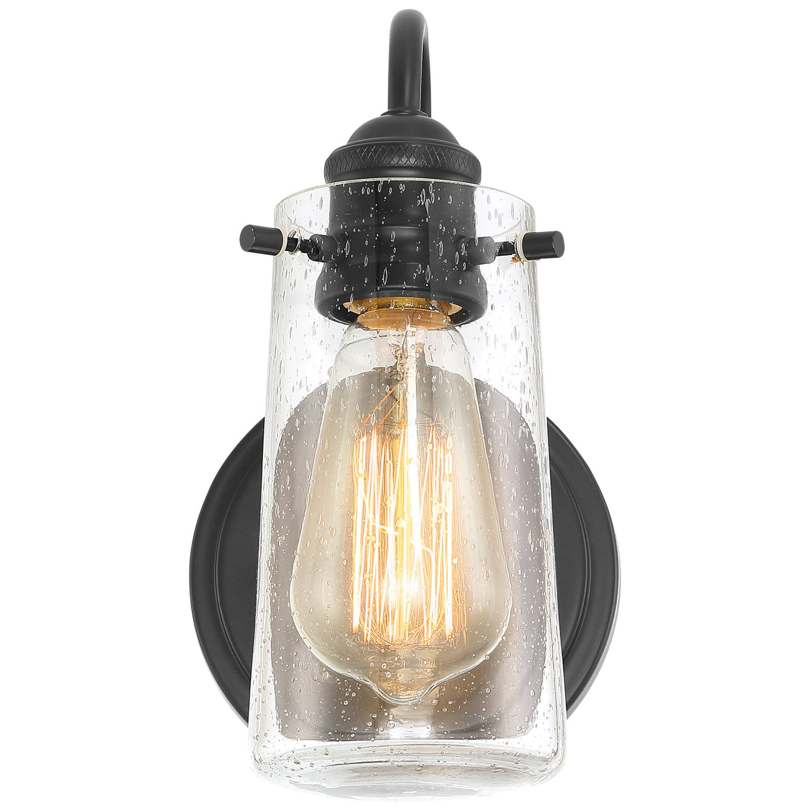 Black coastal style 1-light wall sconce for bathroom with seeded glass.