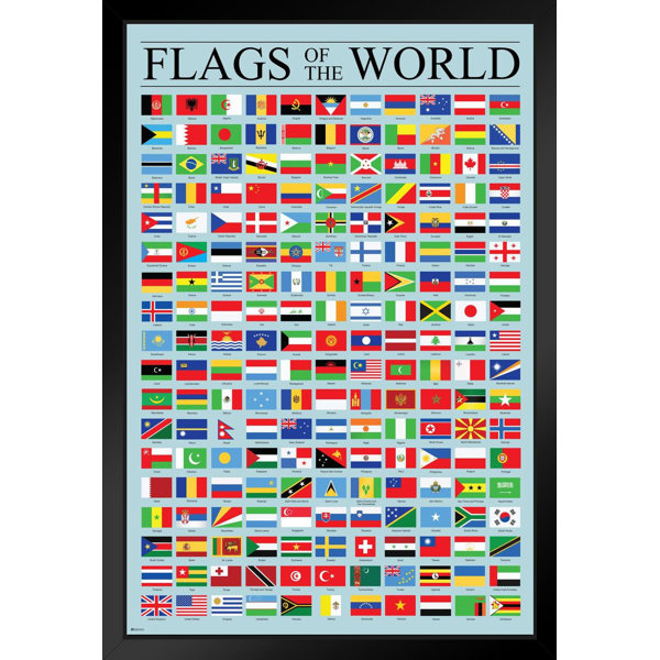 Flags of The World Classroom Reference Chart National Countries Country Symbol Educational Teacher Learning Homeschool Display Supplies Teaching Aide Black Wood Framed Art Poster 14x20 