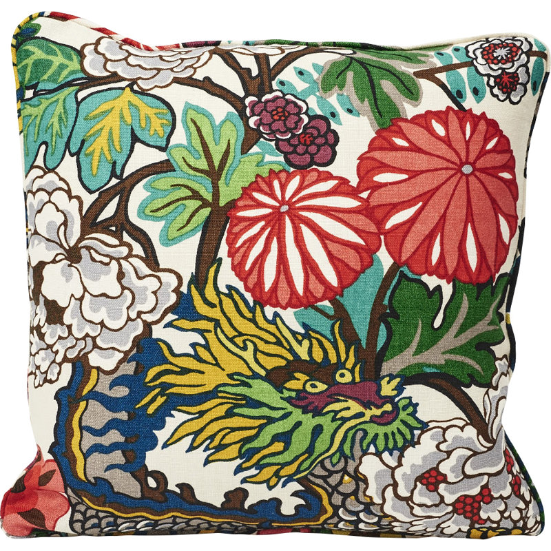 Schumacher Chiang Mai Dragon Linen Feathers Floral Throw Pillow