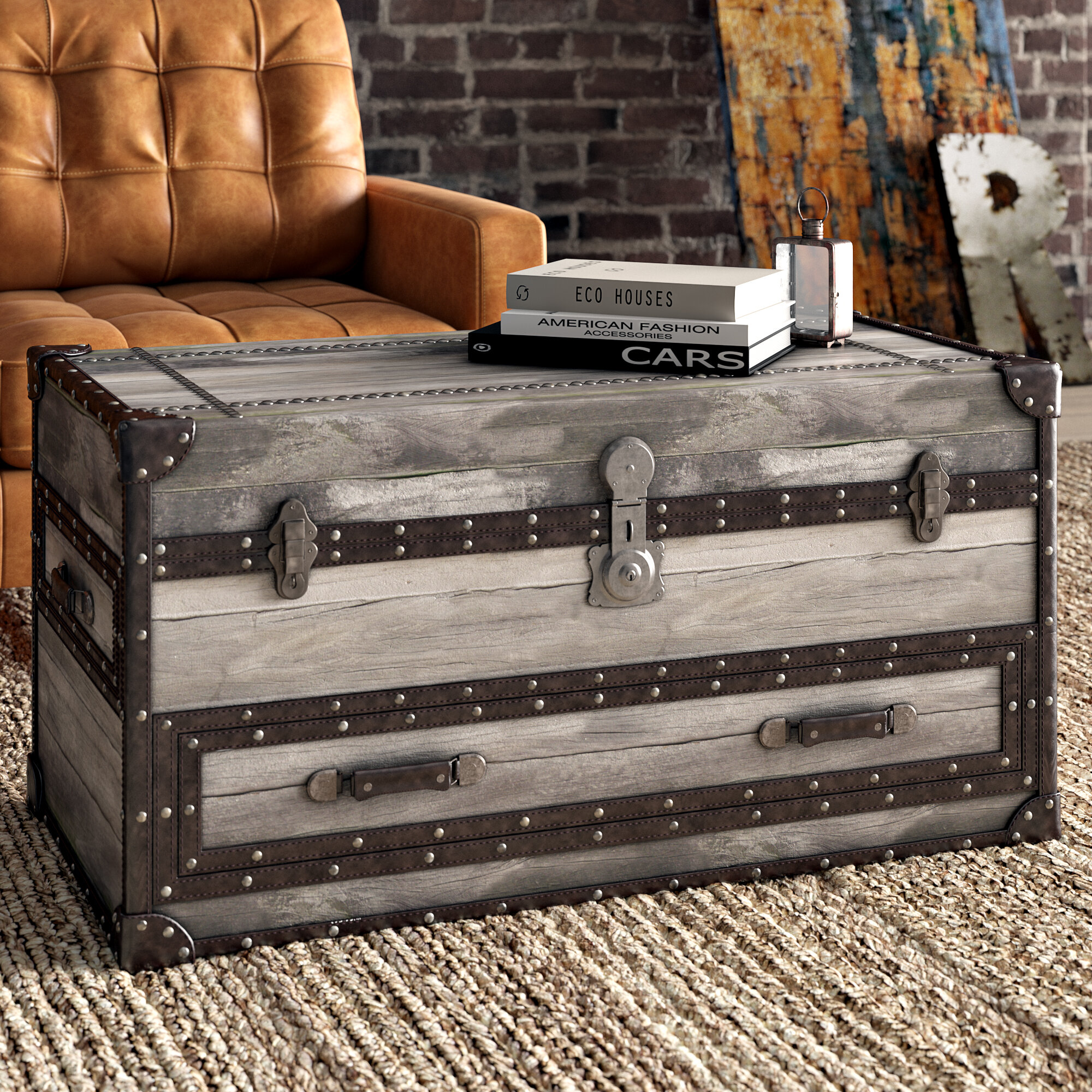 Treasure Chest New Rustic Corrugated Metal Solid Wood Storage Chest Trunk Bed Box Coffee Table Home Garden