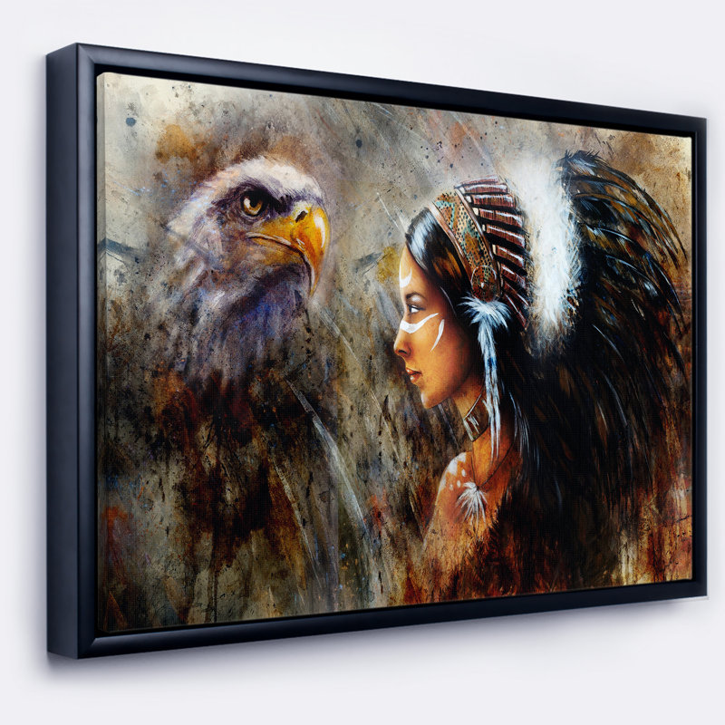 East Urban Home Indian With Feather Headdress Framed Oil