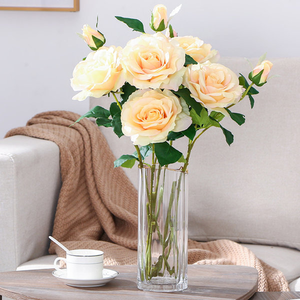 Yellow Roses Artificial Flowers 13 Scented Wood Rose Bouquet with Refresher Spray in Cement Pot 