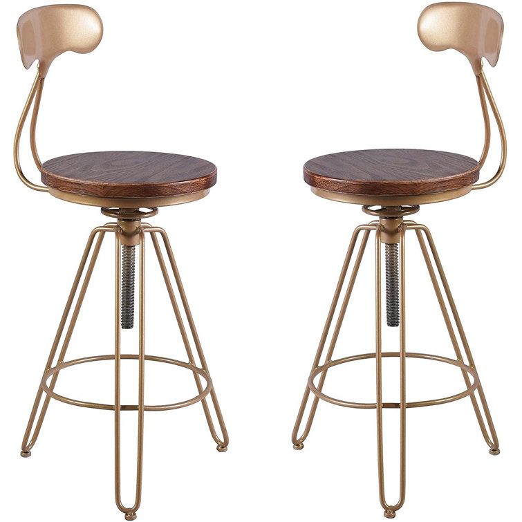 Set Of 2-Gold Metal Swivel Adjustable Kitchen Counter Stools With Back Bar  Height Stool-Brown Wood Modern Industrial Cafe Stool
