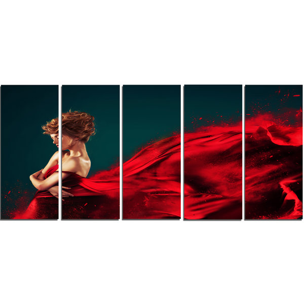 Designart Woman In Flying Red Dress 5 Piece Wall Art On Wrapped