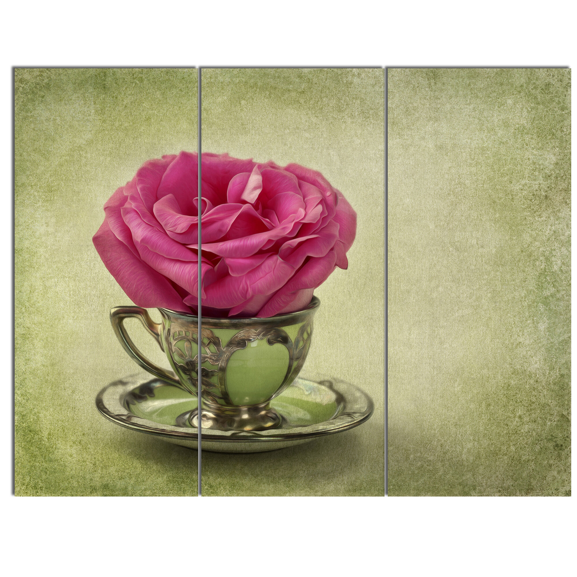 Designart Rose In Cup And Saucer 3 Piece Wall Art On Wrapped