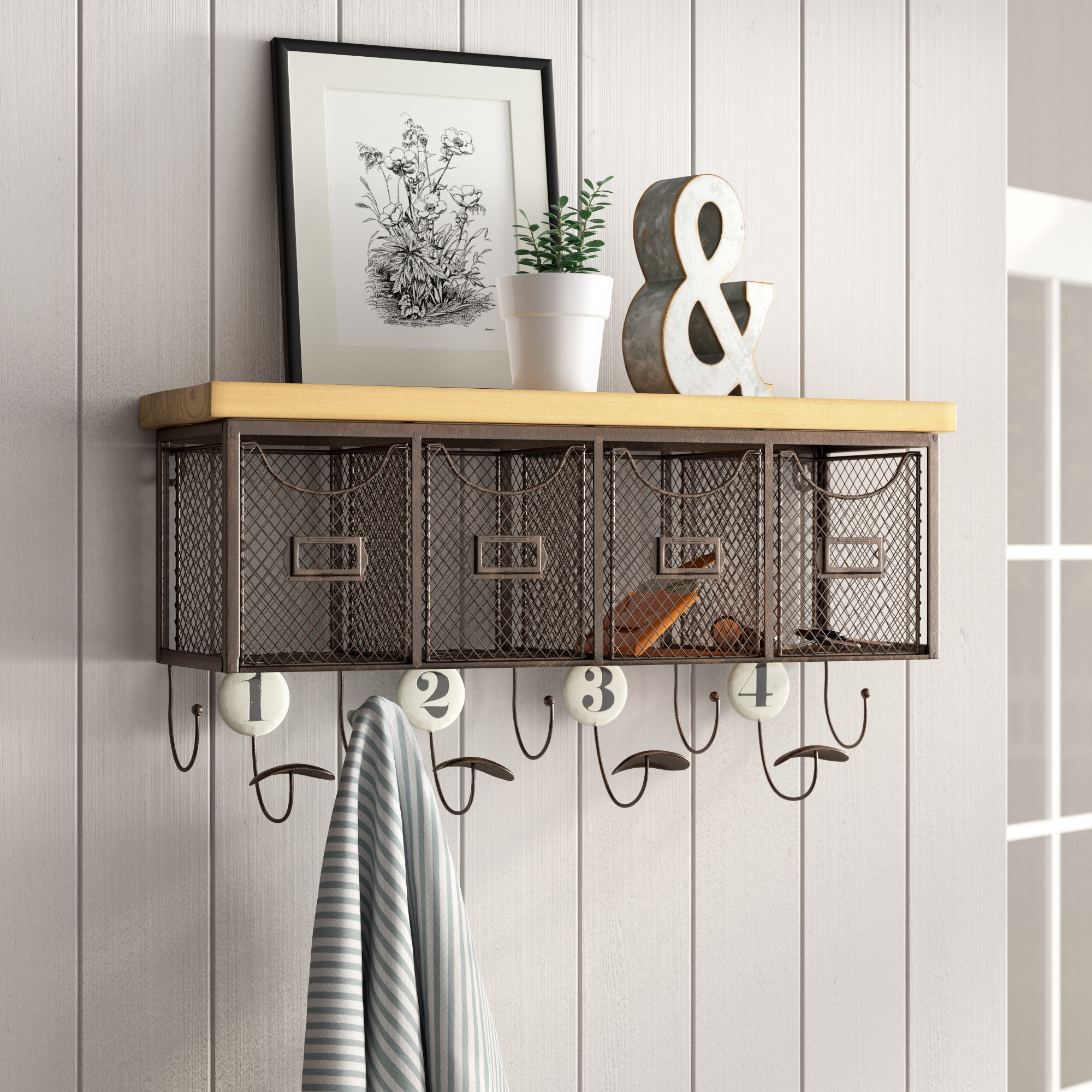 shabby chic vintage brown Wardrobe coat hanger wall shelf with 5 drawers