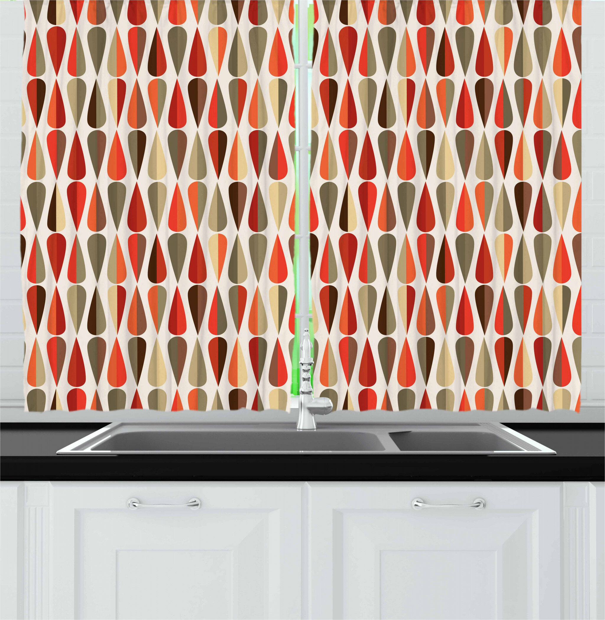 East Urban Home Geometric Pointed 55 Kitchen Curtain In Red Gray Beige Wayfair