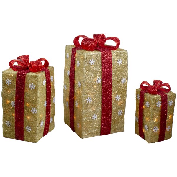 Sisal Battery Operated Christmas Decorations LED Gift Boxes Red Bow Parcel 3pcs 