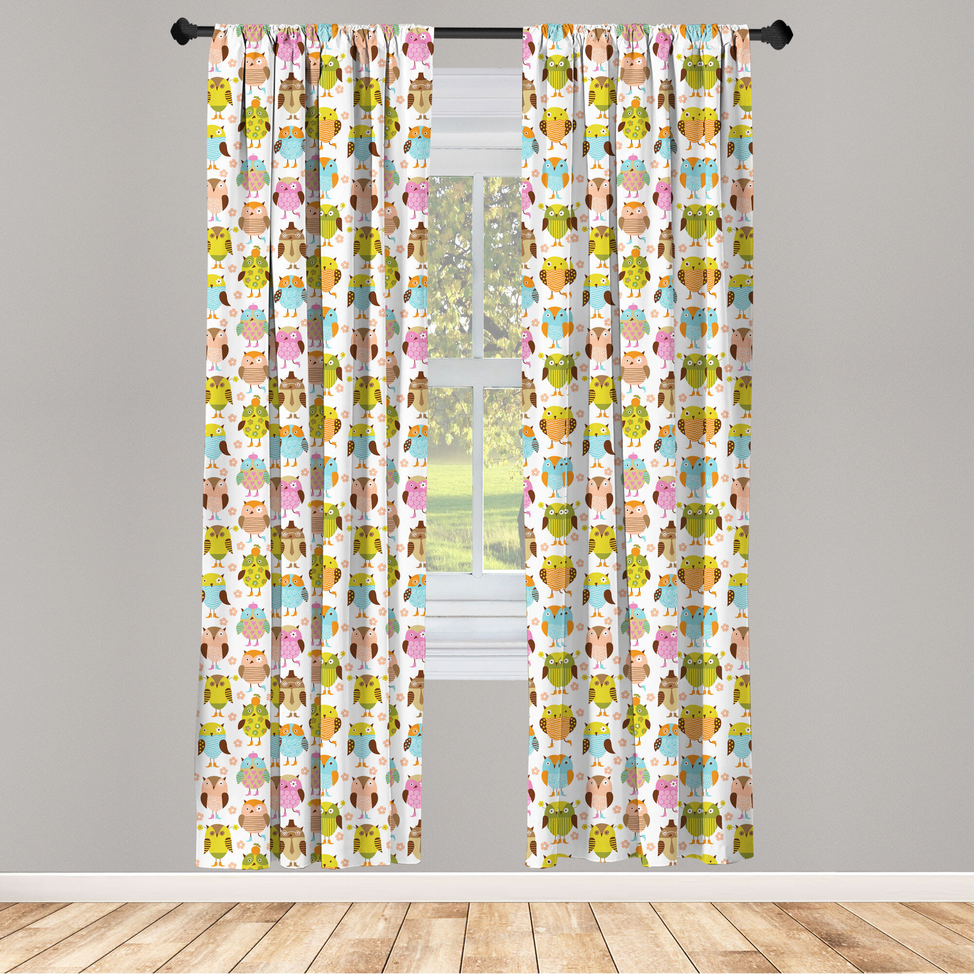 Owl Print Microfiber Curtains 2 Panel Set Living Room Bedroom in 3 Sizes 