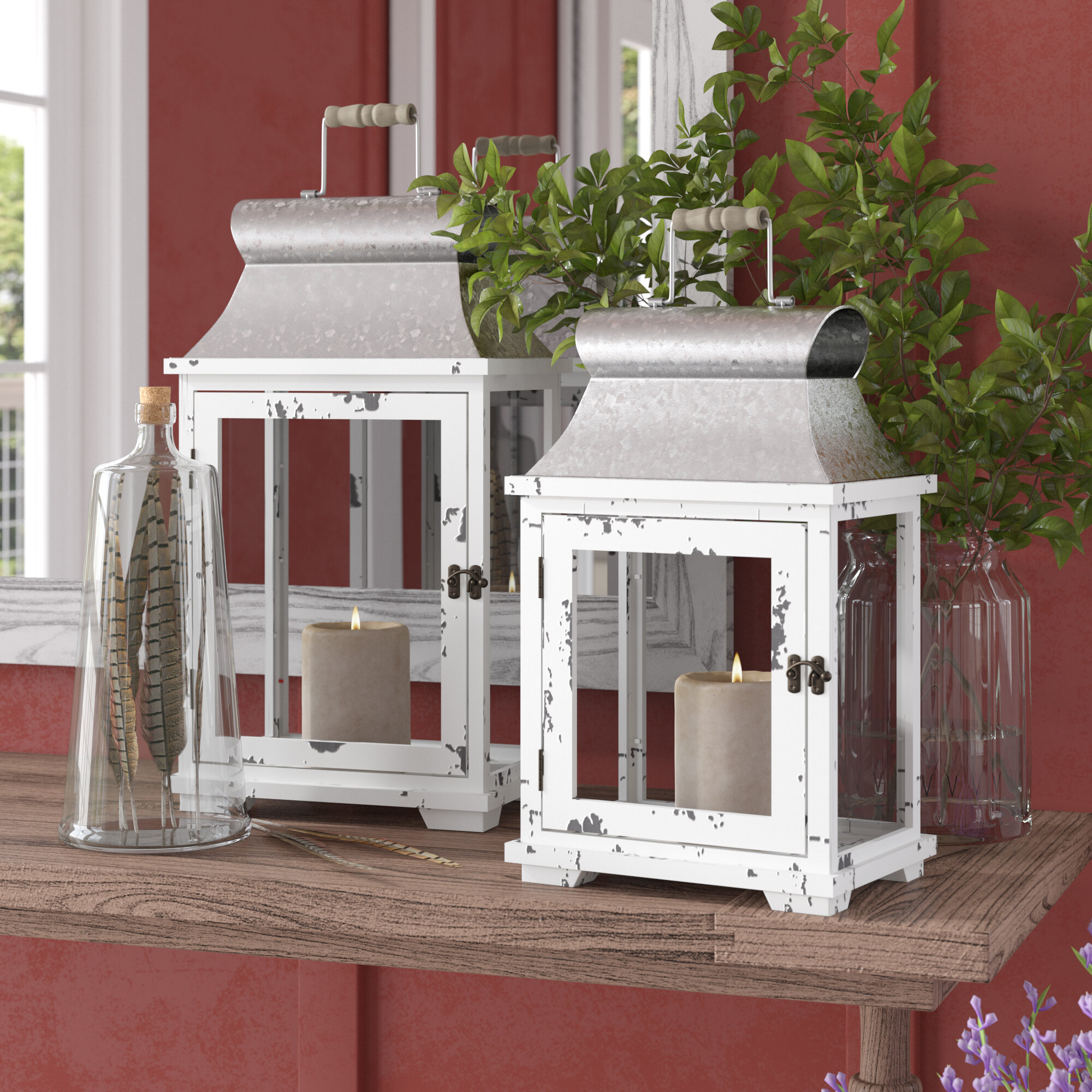 2 Tin Wood Lanterns With Ivory Resin Flameless Candles Indoor Outdoor Decor