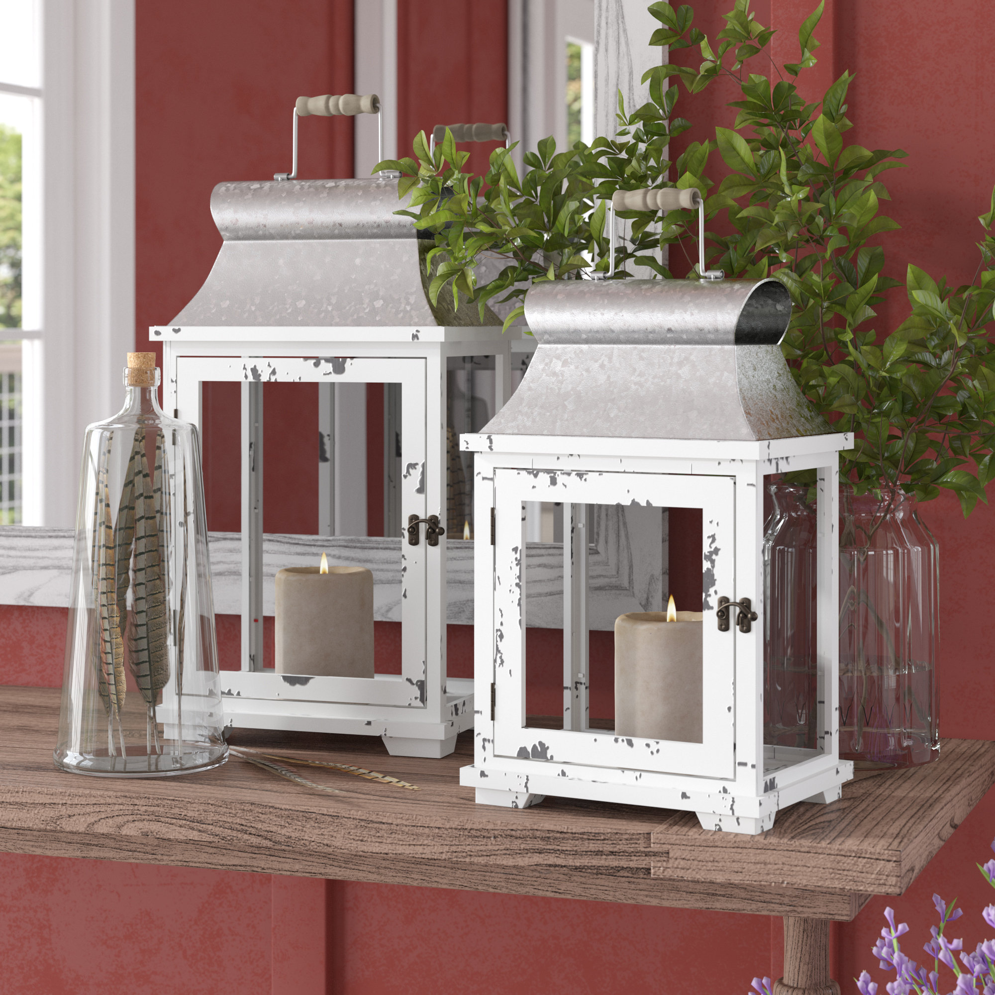 2 Piece Wood Glass Metal Lantern Set Reviews Birch Lane