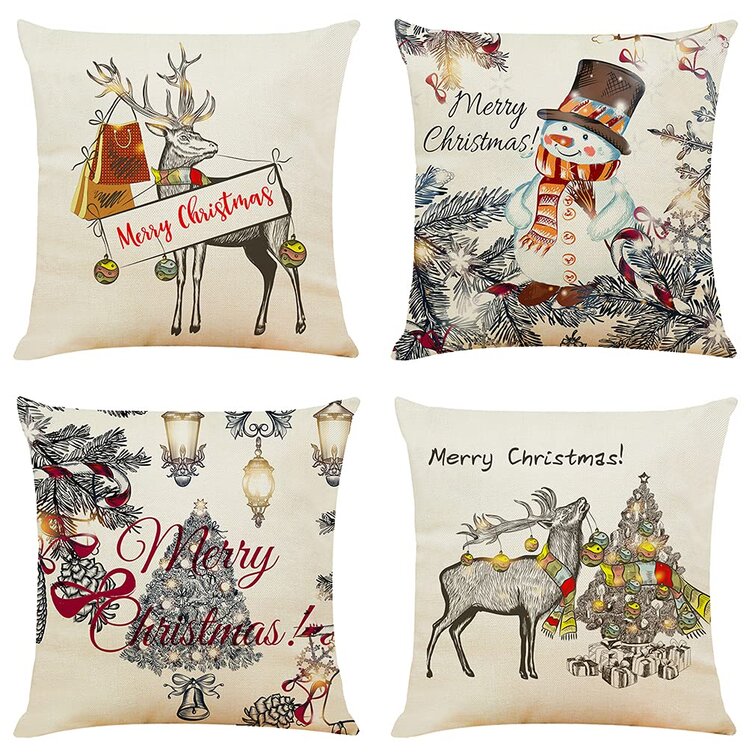 Christmas Pillow Covers 18x18 Set of 4 Plush Decorative Throw Pillow Covers Cushion Case with Santa Claus Tree Elk for Home Winter Festival Xmas Farmhouse Decor 