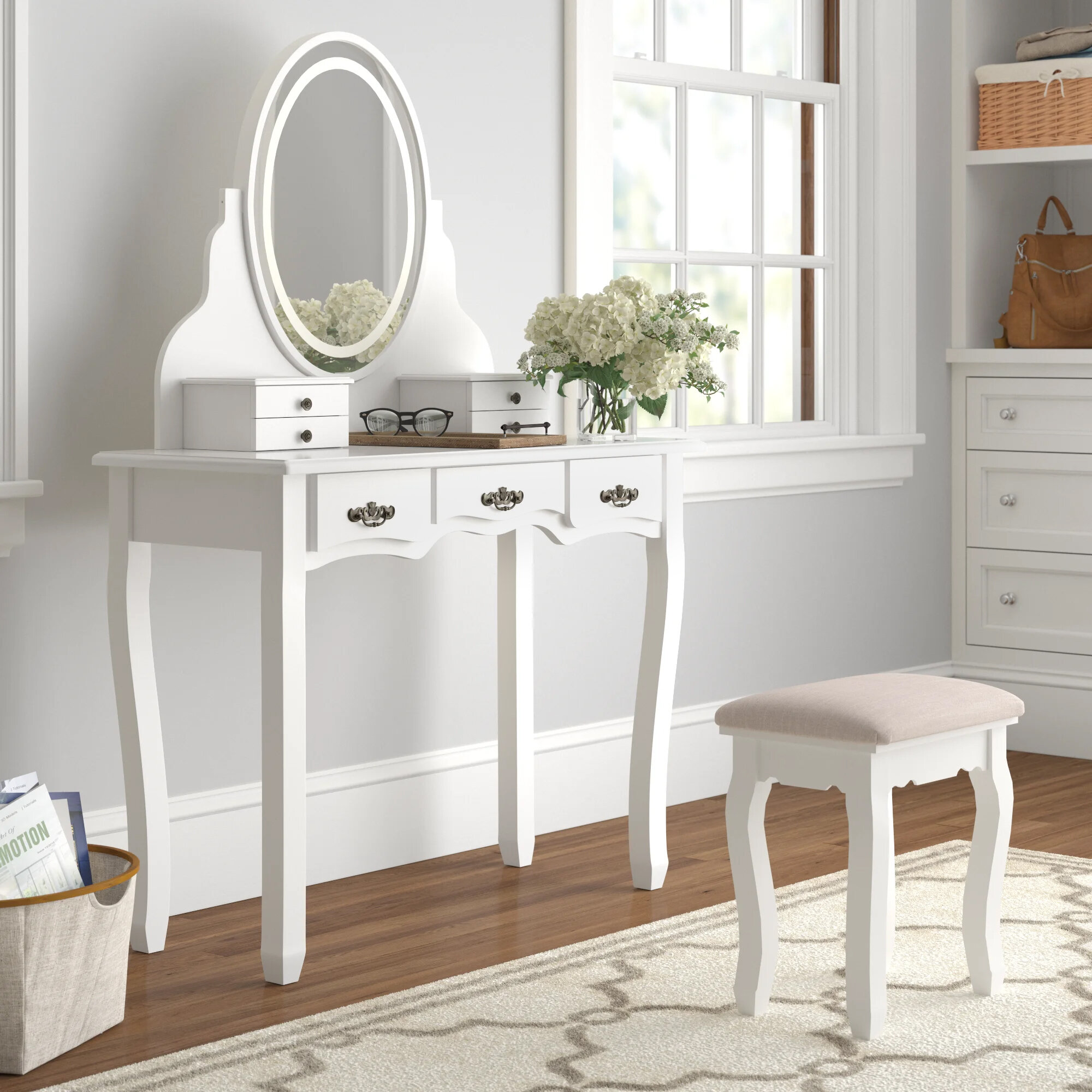 Three Posts Oscar Vanity Set With Stool And Mirror Reviews Wayfair