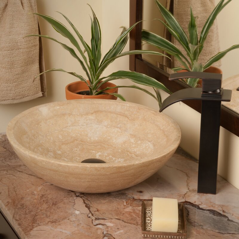 Beige Travertine Stone Circular Vessel Bathroom Sink With Faucet
