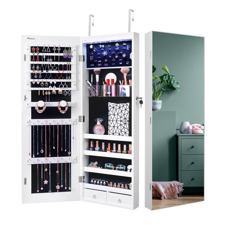 Wall&Door Mounted Jewelry Cabinet Armoire Storage Organizer w/ Frameless Mirror 