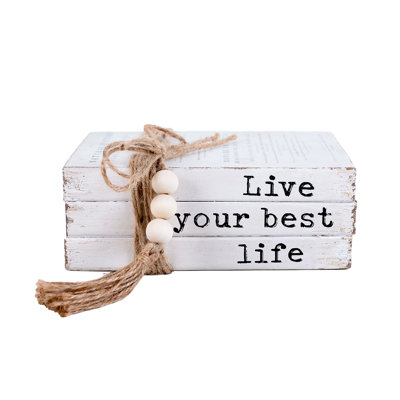 Taunton Rustic Live Your Best Life Inspirational Quote Wood Book Stack Decor With Jute Beads INCOMPLETE 