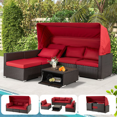 ( incomplete ) Latitude Run® 7 Pieces Patio Furniture Sets, Rattan Daybed With Retractable Canopy, Outdoor Sectional Sofa Set With Adjustable Backrest, Chaise Chair Sunbed For Garden Poolside Backyard