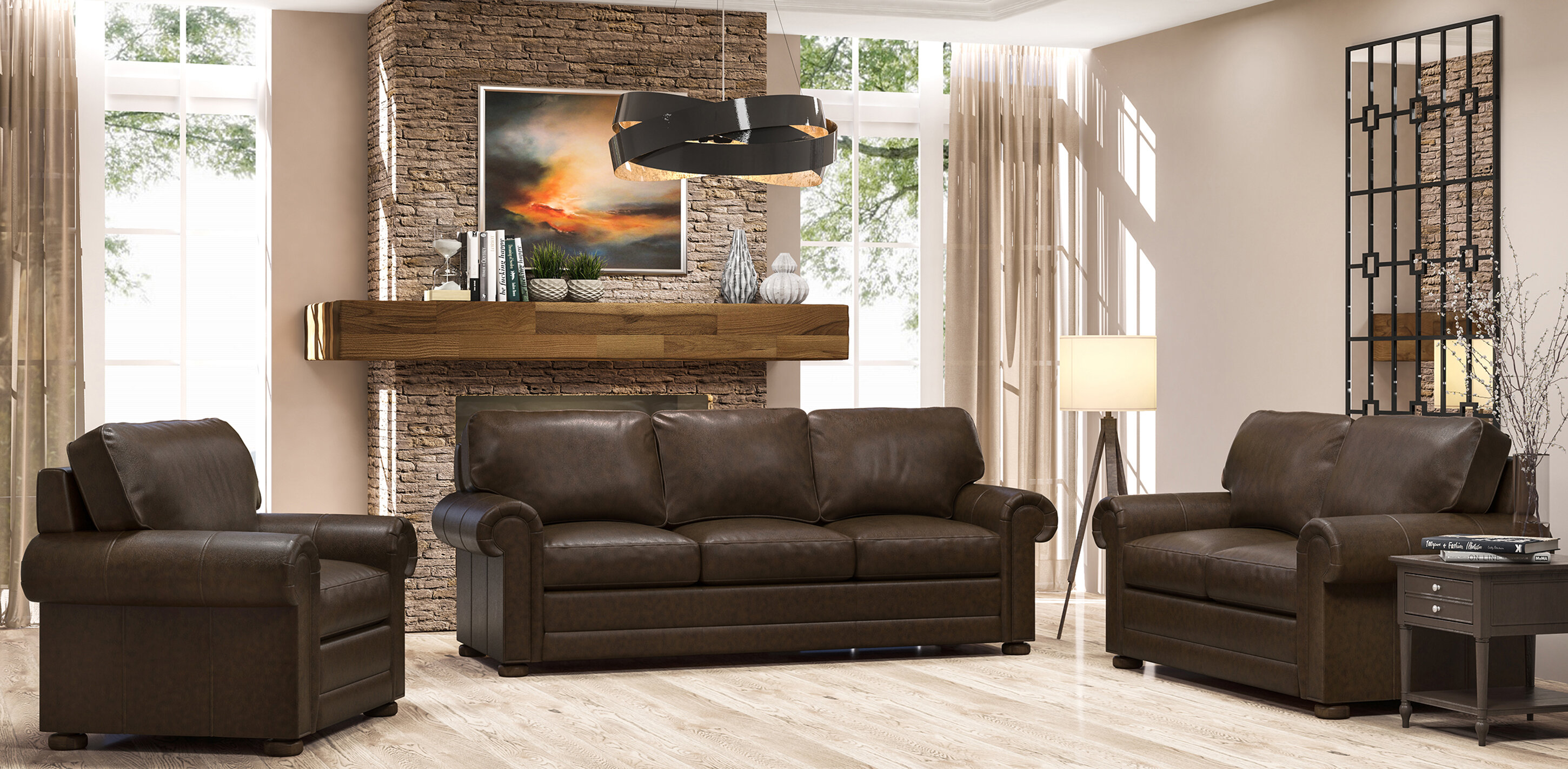 Ainehome 3 Piece Living Room Set Faux Leather with Sofa，Loveseat，Chair Brown & Black