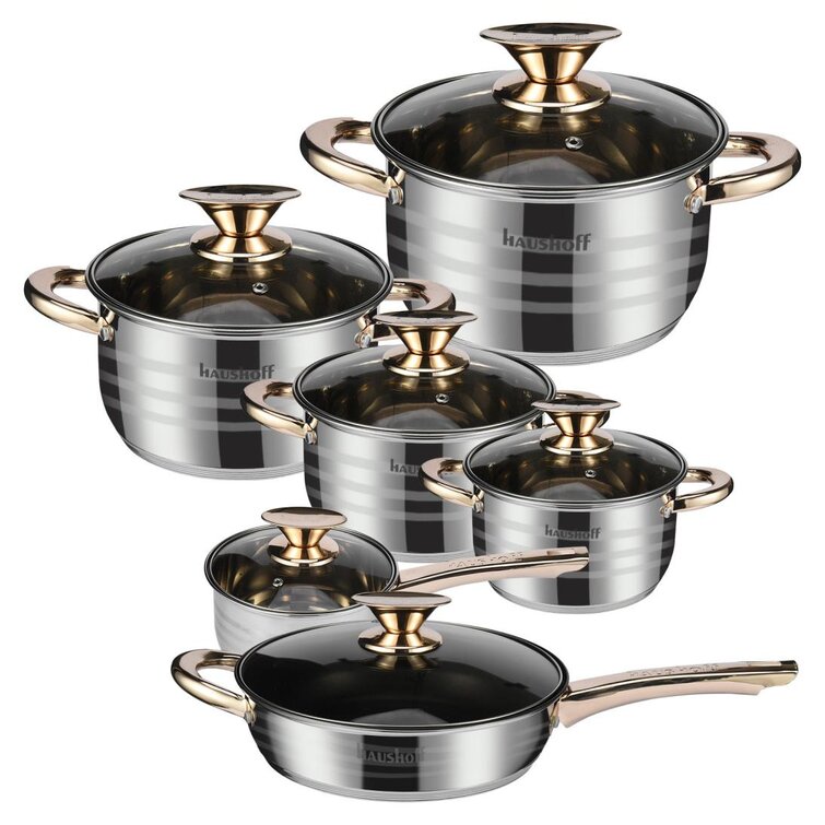 12PCS DELUXE QUALITY S/S STEEL CASSEROLE STOCK POT PAN SET INDUCTION COOKWARE 
