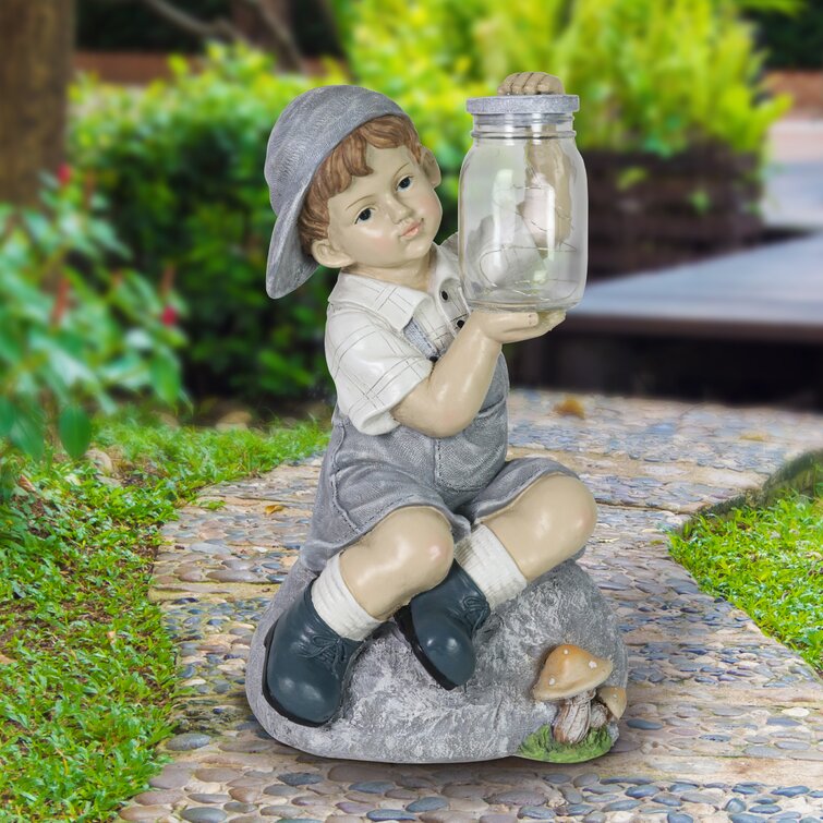 Resin Kids Statues Figurine w/ Lighted Jar for Garden Home Outdoor Decor 