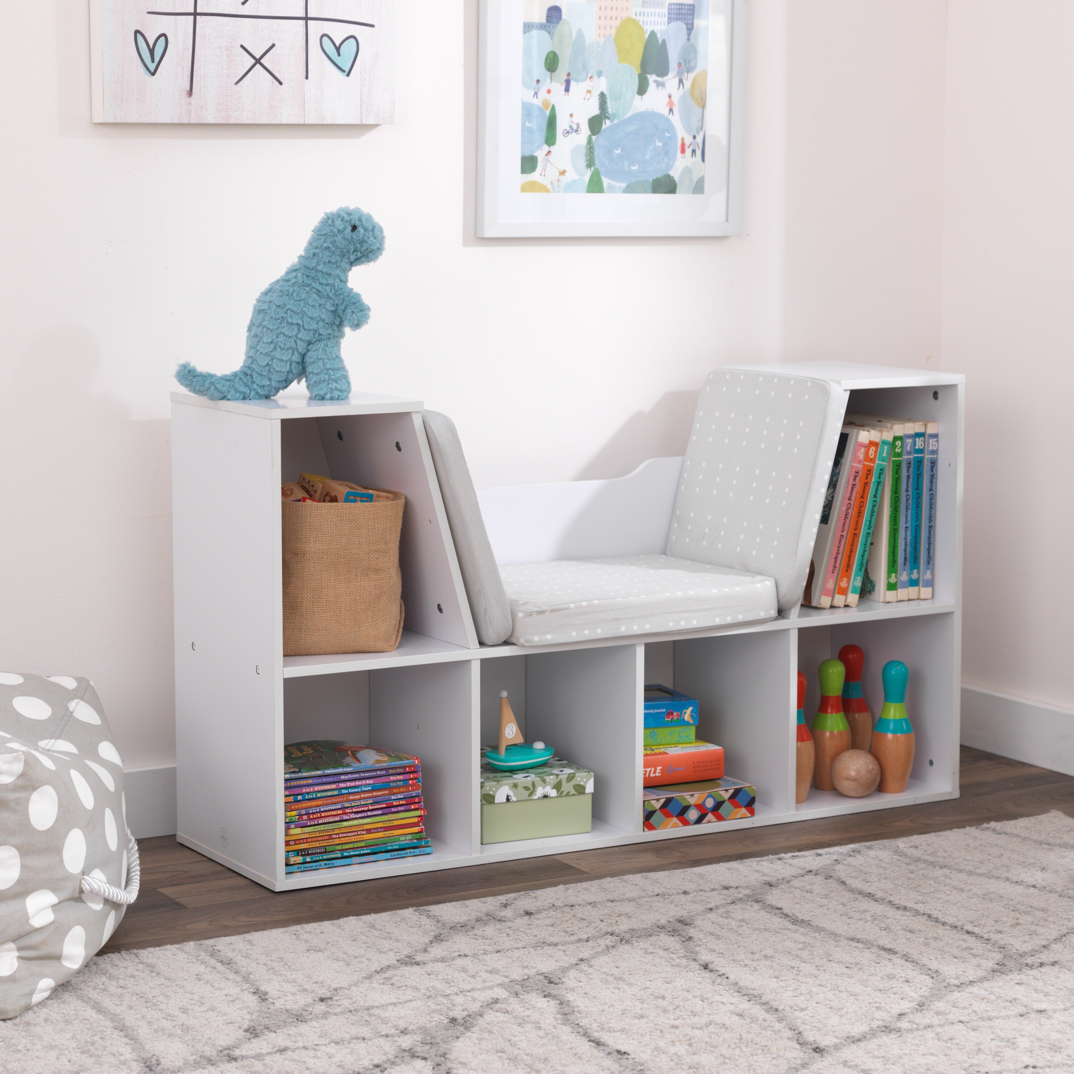 White 6 Cubbie Kids Bookcase Furniture Cushioned Reading Bench Toy Storage Nook 