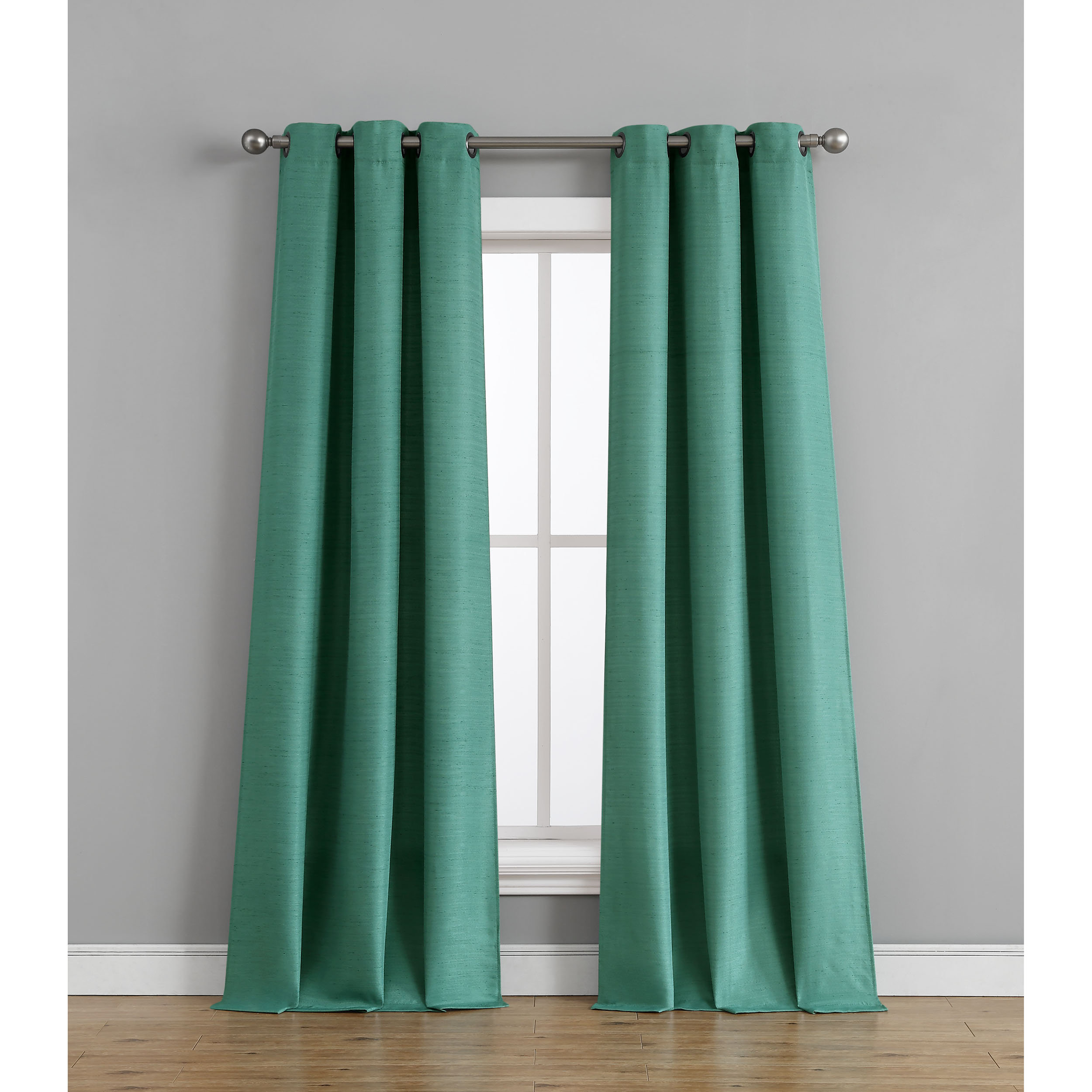 Curtain Set 6 Piece Turquoise Grommet Faux Silk With Grommet Sheer And Hold Back