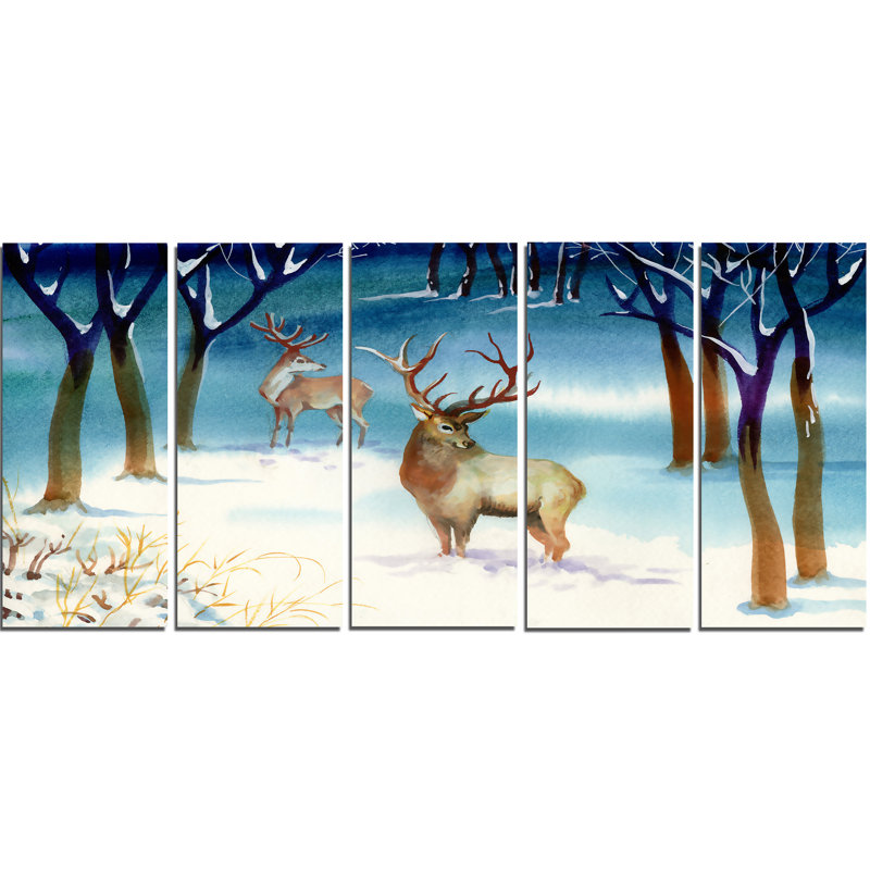 Designart Amazing Winter Forest With Deer 5 Piece Wall Art On