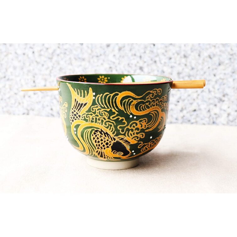 Japanese Ramen Ceramic Chopstick Bowl with Built In Chopsticks Holder