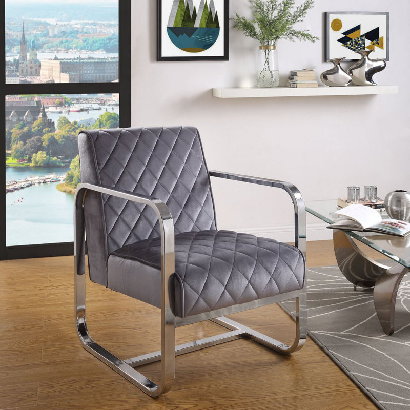 Orren Ellis Velvet Accent Chair with Chrome Leg in Grey Wayfair.ca