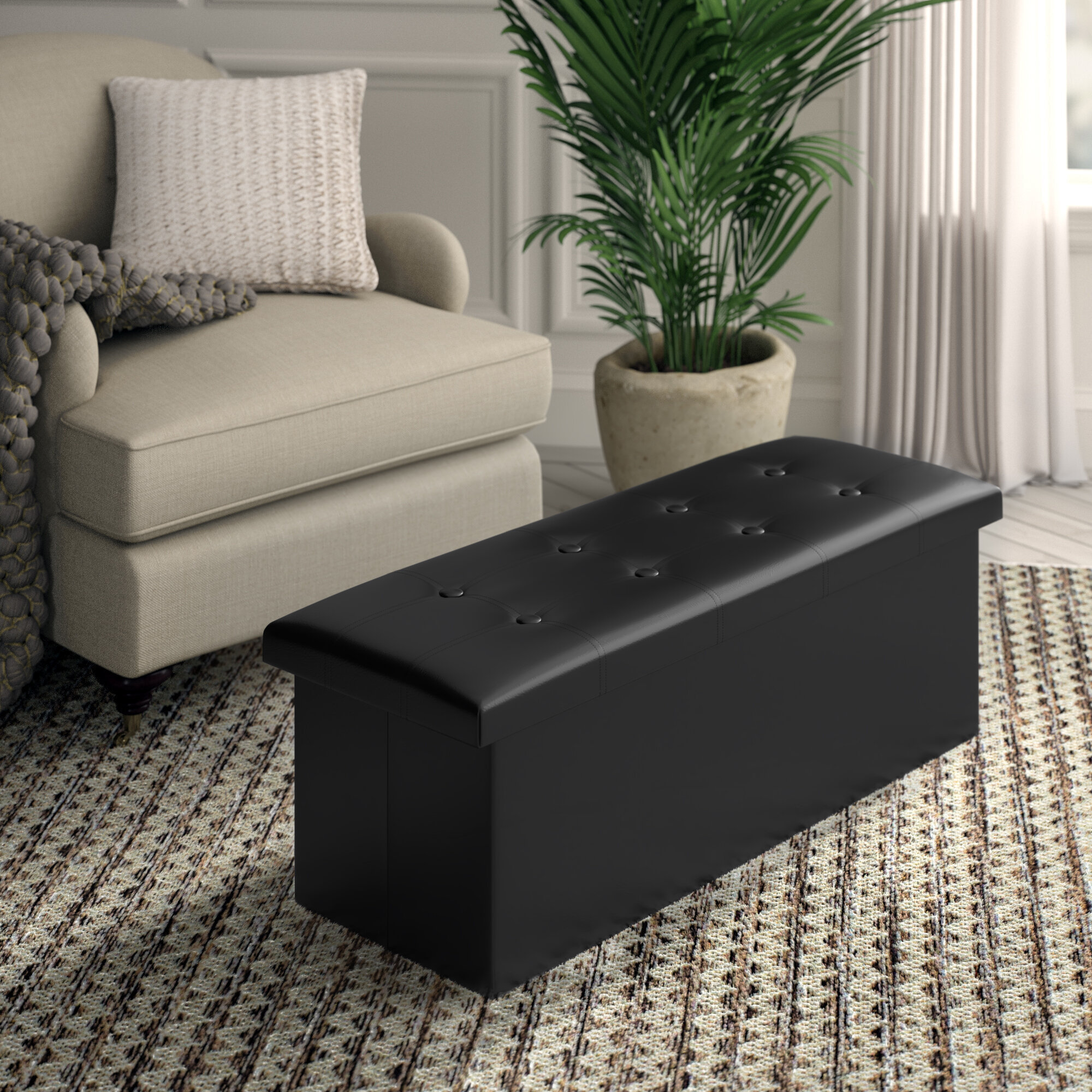 Storage Ottoman Blanket Box PU Leather Foot Stool Couch Toy Bed Large BLACK 