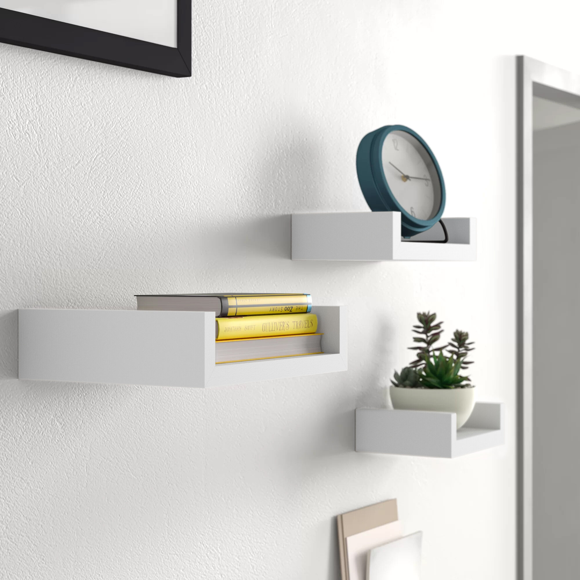 Decorative White Floating Wall Wood Shelves Shelf Display Home Decor Set of 4 
