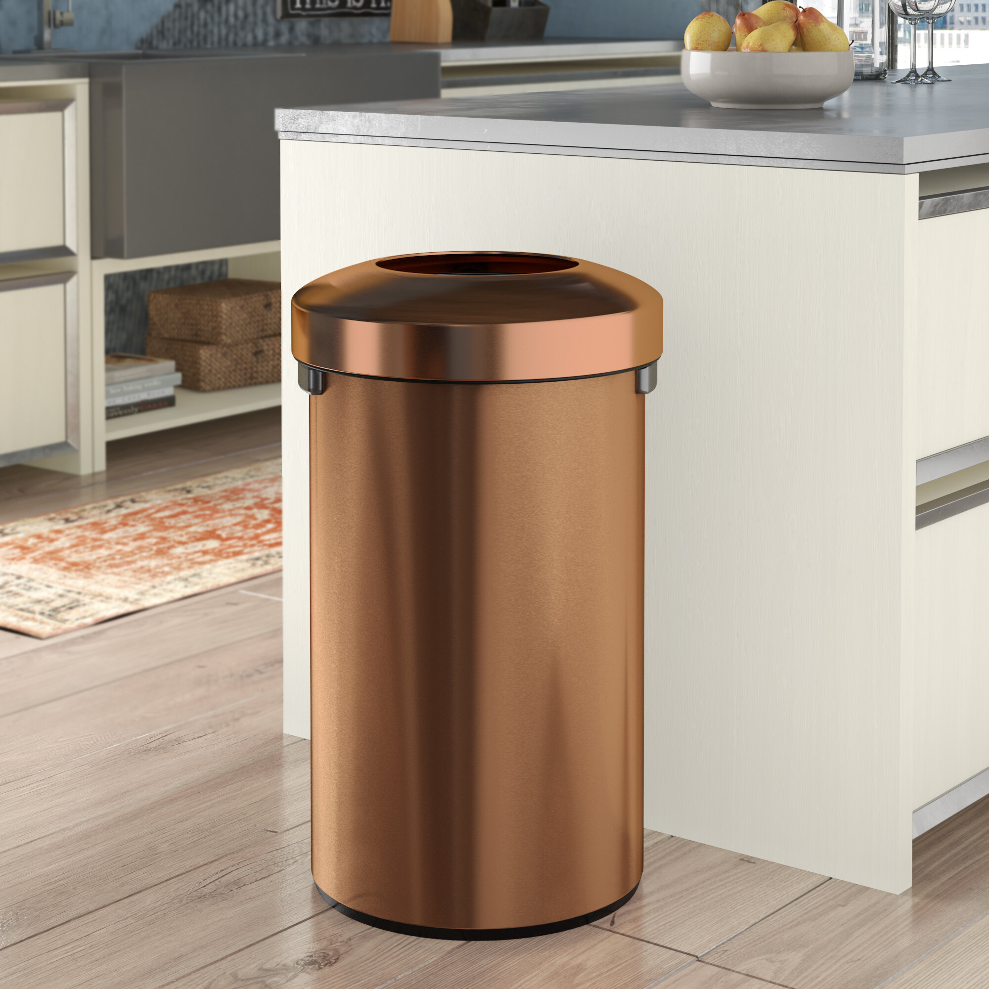 copper colored garbage can