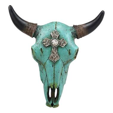 Ebros 13.25 Wide Western Star Tooled Leather Steer Bison Buffalo Bull Cow Horned Skull Head With Turquoise Beads Wall Mount Decor Replica Native Animal Totem Bust Skulls Hanging Plaque Sculpture 
