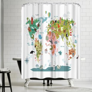 12 Hooks Shower Curtain World Map Pattern Bathroom Waterproof Fabric 72 in 