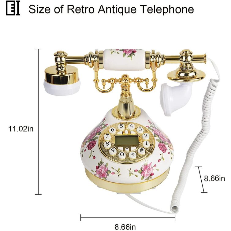 White Flower Retro Push Button Vintage Antique Telephone Dial Desk Phone