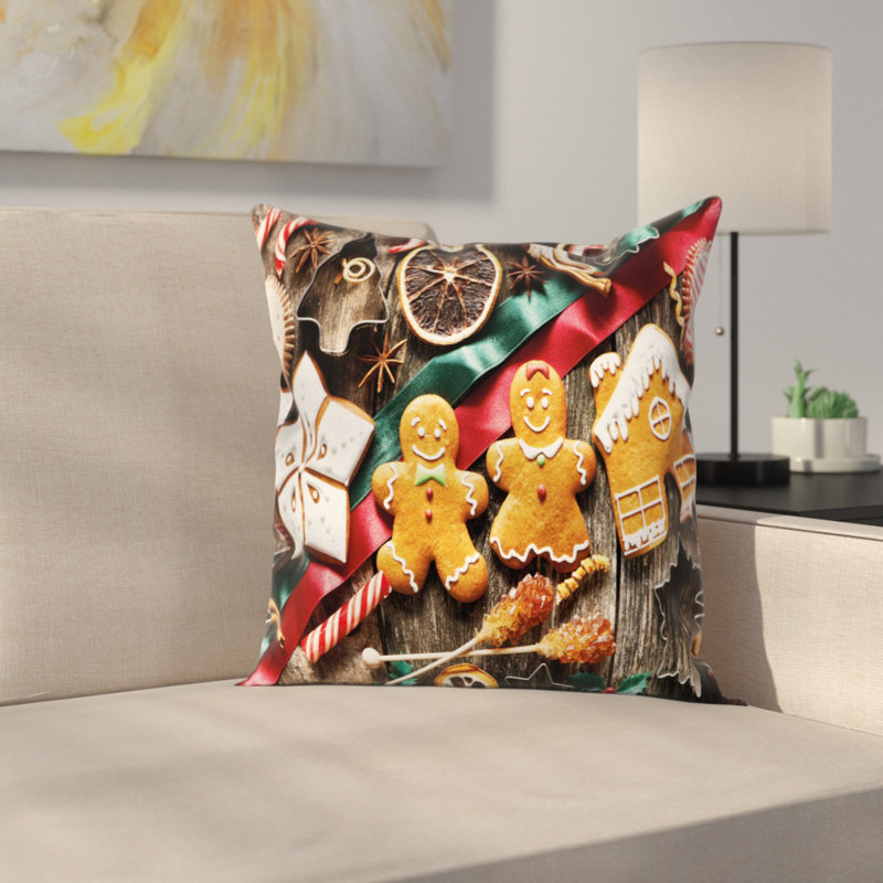 East Urban Home Gingerbread Man Biscuits Rustic Square Pillow