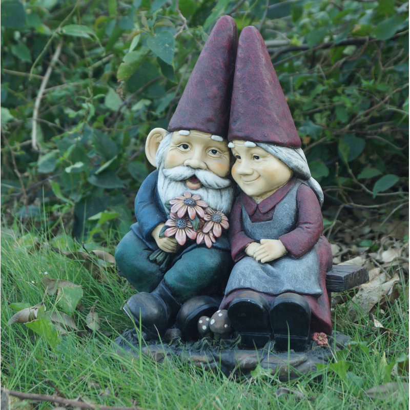 Gnome Old Couple On Bench Statue