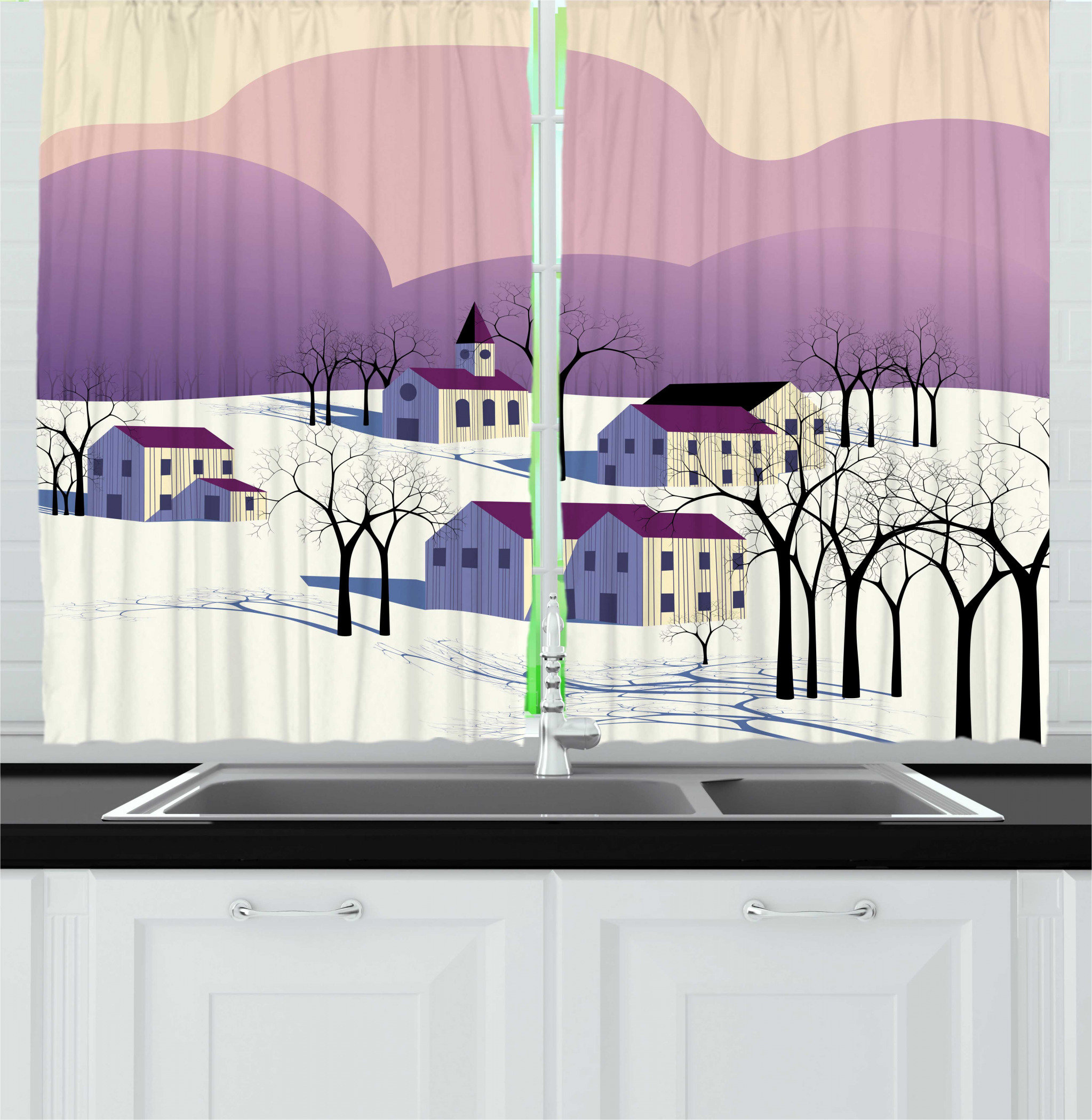 East Urban Home 2 Piece Landscape Graphical Design Of A Winter Time View Of A Small Village In The Morning Kitchen Curtain Set Wayfair