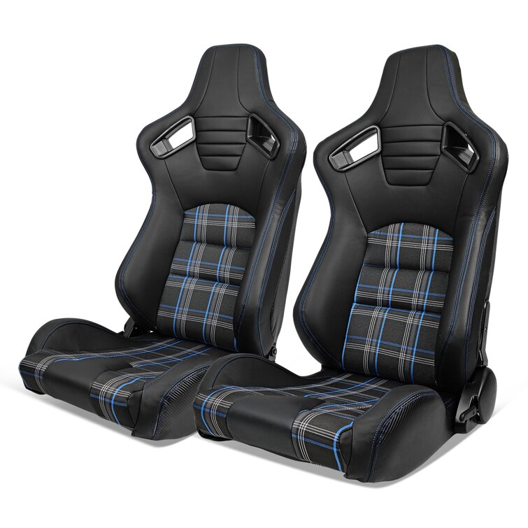 Left Full Reclinable Black Cloth Carbon Look PVC Leather Type-R Racing Seat+Adjustable Slider 