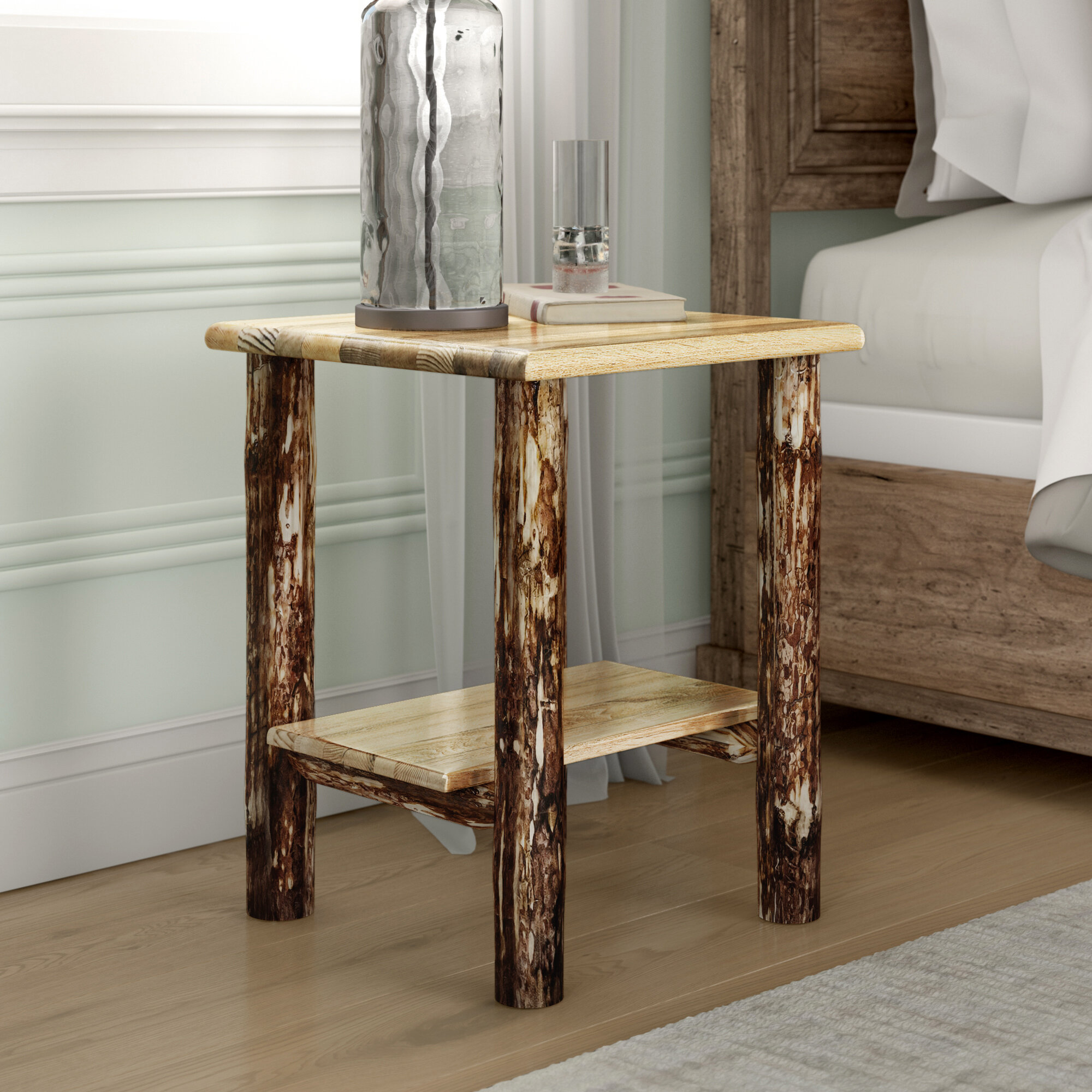 Solid Wood Rustic Log Nightstand Bedside End Accent Table w/Shelf ~ Assembled 